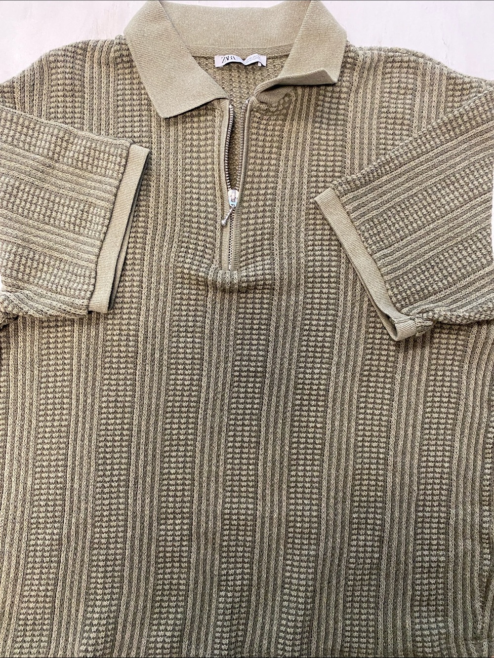 Zara Men’s Olive Ribbed Half-Zip Polo Sweater